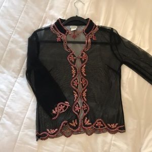 Odille Anthropologie mesh embroidered top